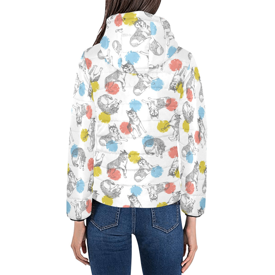 Siberian husky and colorful circle pattern Women's Padded Hooded Jacket