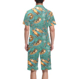 cute brown sea otters ornamental seaweed corals gr Men's V-Neck Short Pajama Set