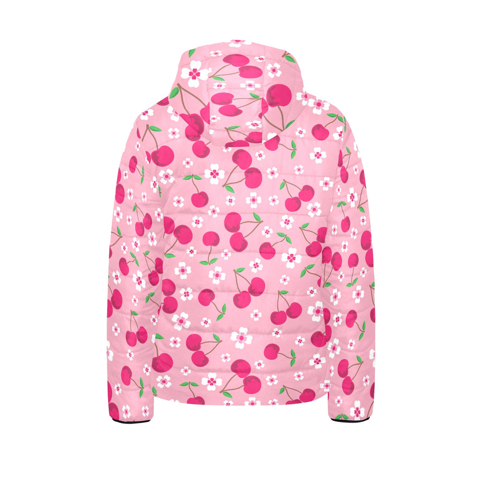 cherry flower pattern pink background Kids' Boys' Girls' Padded Hooded Jacket