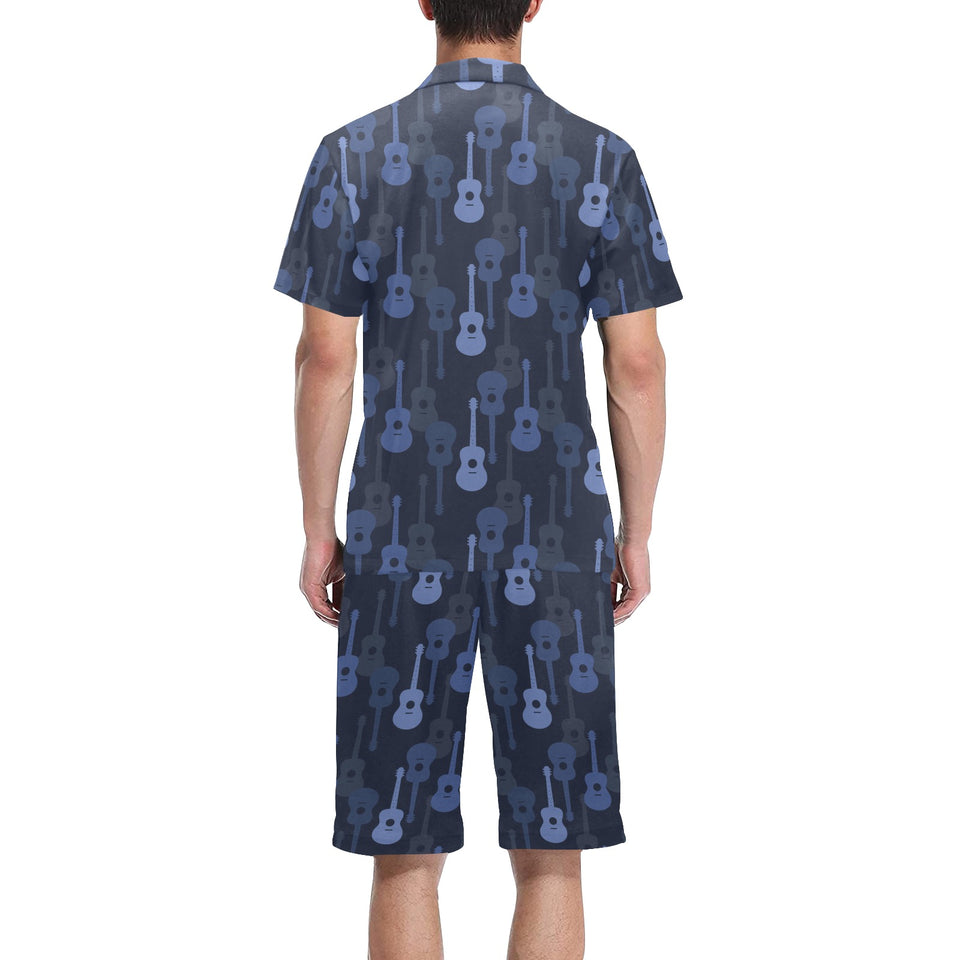 Blue Theme guitar pattern Men's V-Neck Short Pajama Set