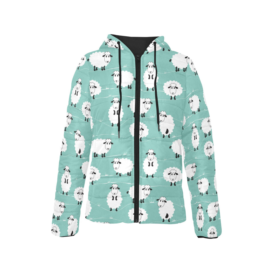 Cute sheep green background Women's Padded Hooded Jacket
