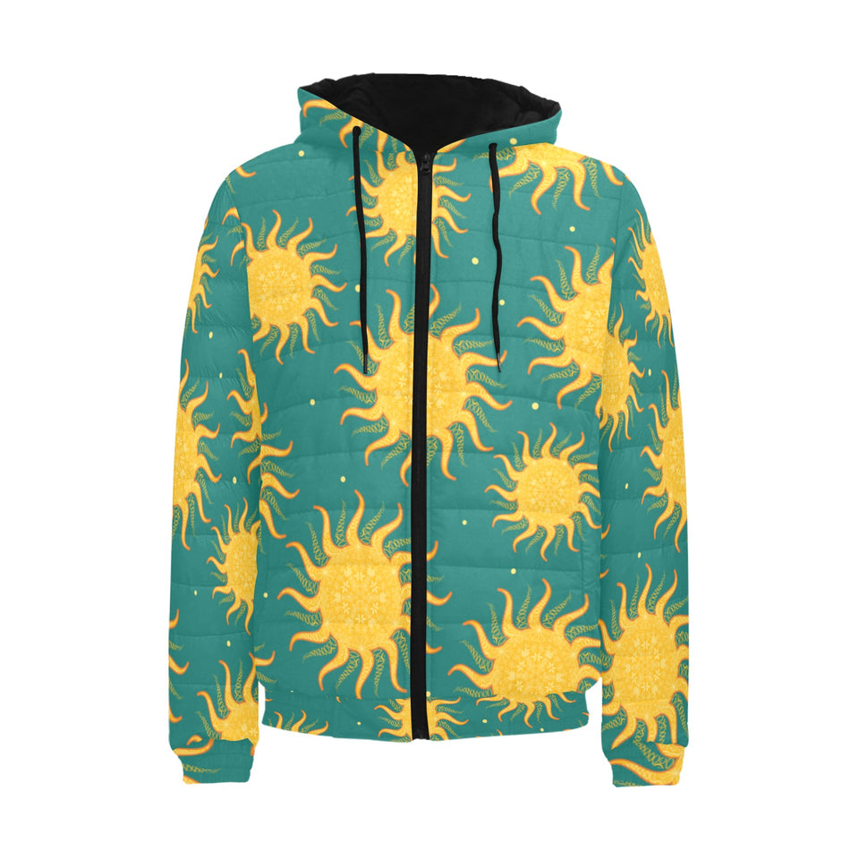 Sun green background Men's Padded Hooded Jacket