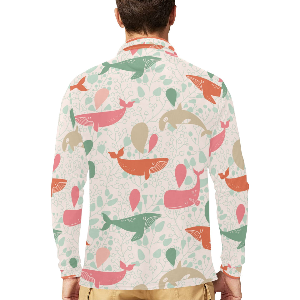 Cute whale pattern Men's Long Sleeve Polo Shirt