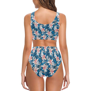 Hibiscus Pattern Print Design 02 Chest Bowknot High Waisted Bikini Swimsuit