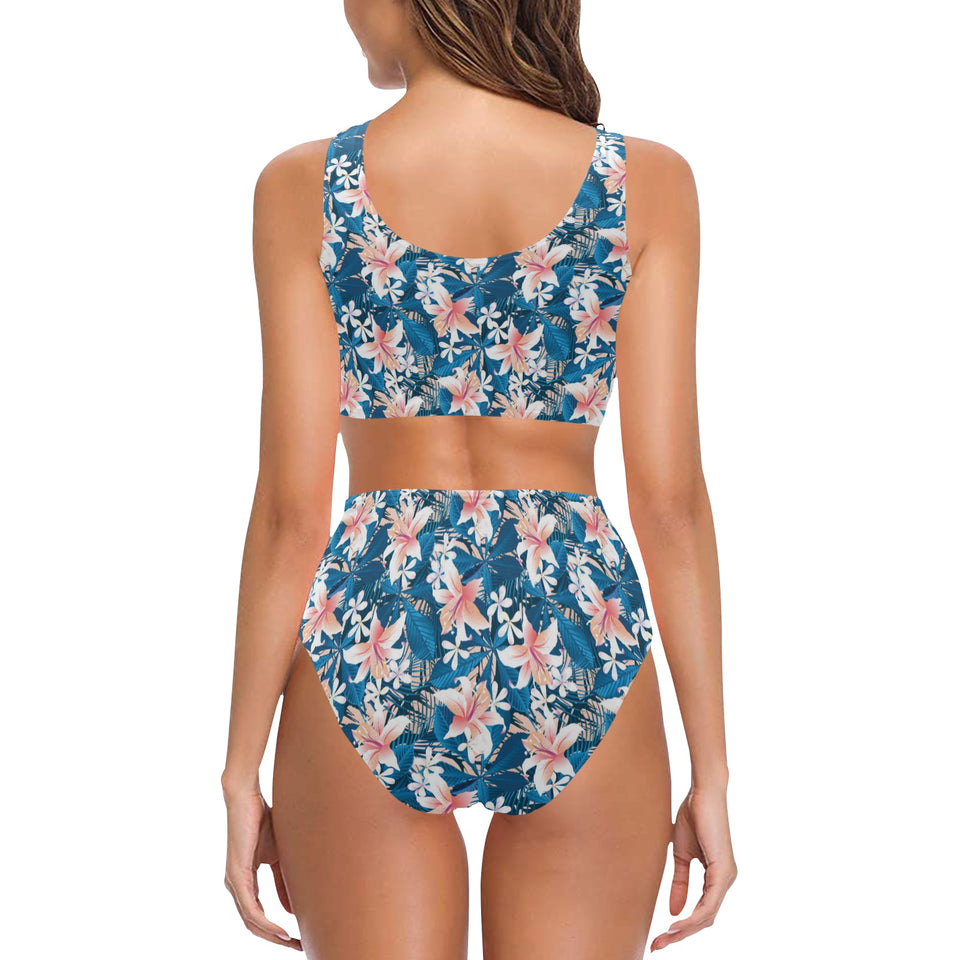 Hibiscus Pattern Print Design 02 Chest Bowknot High Waisted Bikini Swimsuit