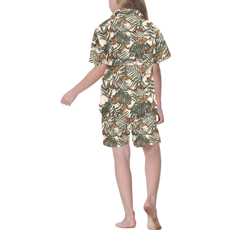 Monkey tropical leaves background Kids' Boys' Girls' V-Neck Short Pajama Set