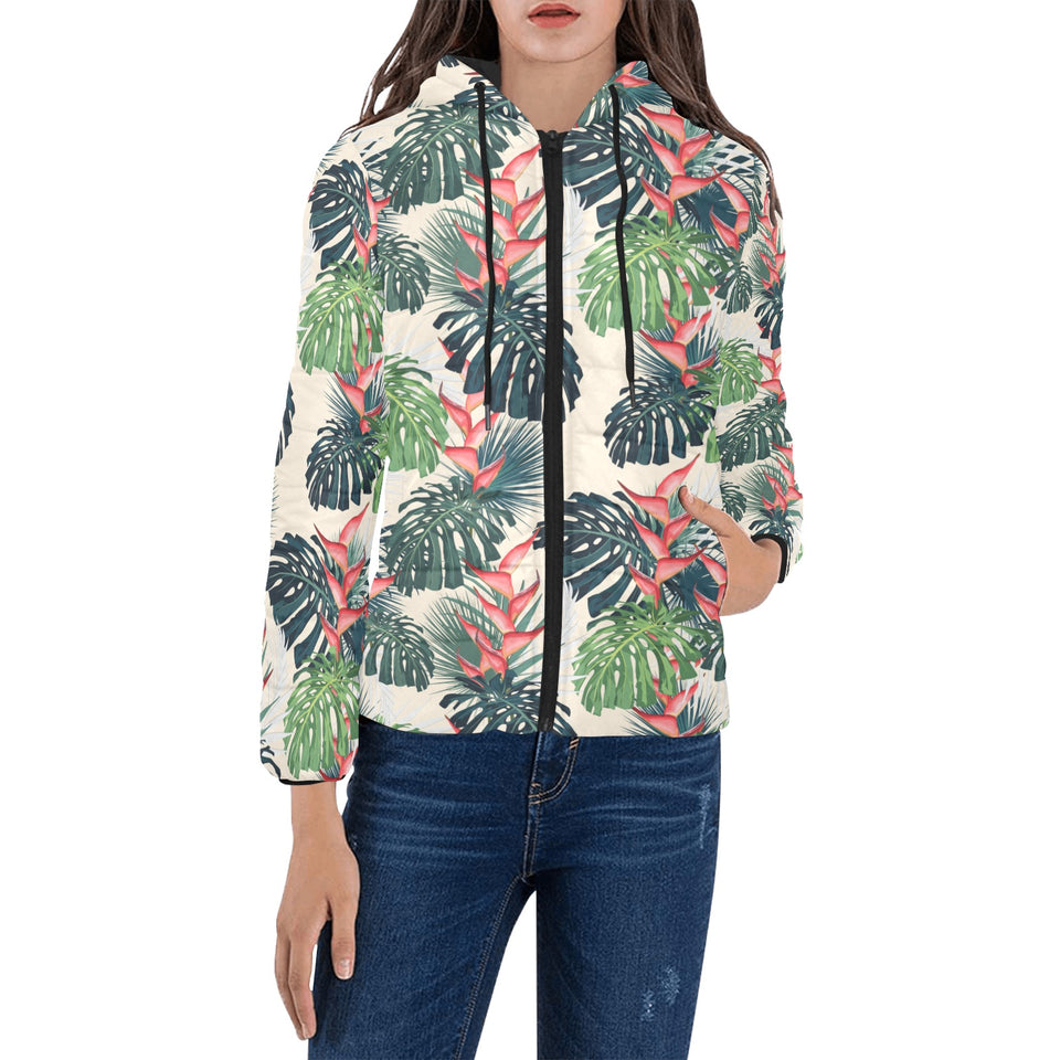 heliconia flowers, palm and monstera leaves Women's Padded Hooded Jacket