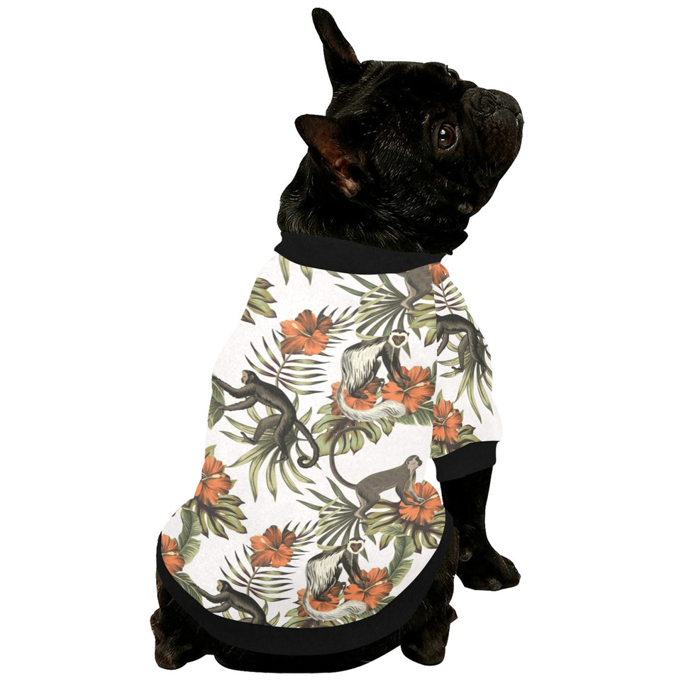 Monkey red hibiscus flower palm leaves floral patt All Over Print Pet Dog Round Neck Fuzzy Shirt