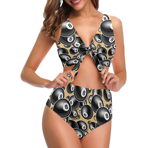 Billiard Ball Pattern Print Design 04 Chest Bowknot High Waisted Bikini Swimsuit