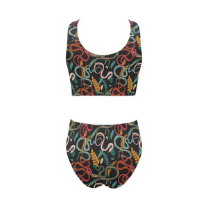 Colorful snake plant pattern Chest Bowknot High Waisted Bikini Swimsuit