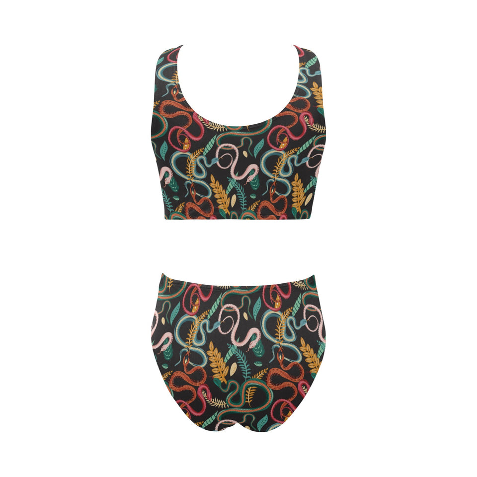 Colorful snake plant pattern Chest Bowknot High Waisted Bikini Swimsuit