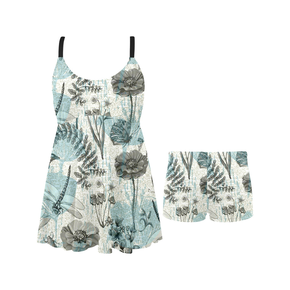 Dragonfly Butterfly Plants insect flower vintage s Chest Sexy Pleated Two Piece Swim Dress