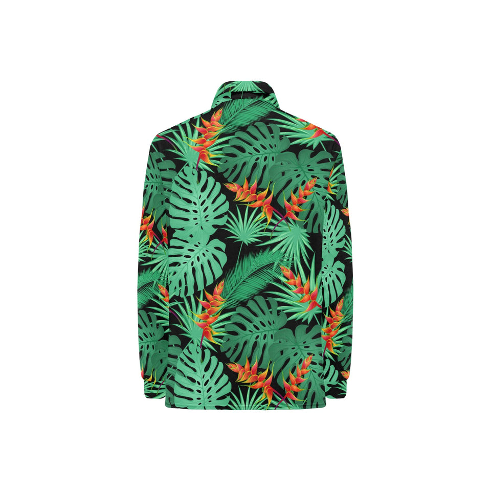 heliconia flower palm monstera leaves black backgr Women's Long Sleeve Polo Shirt