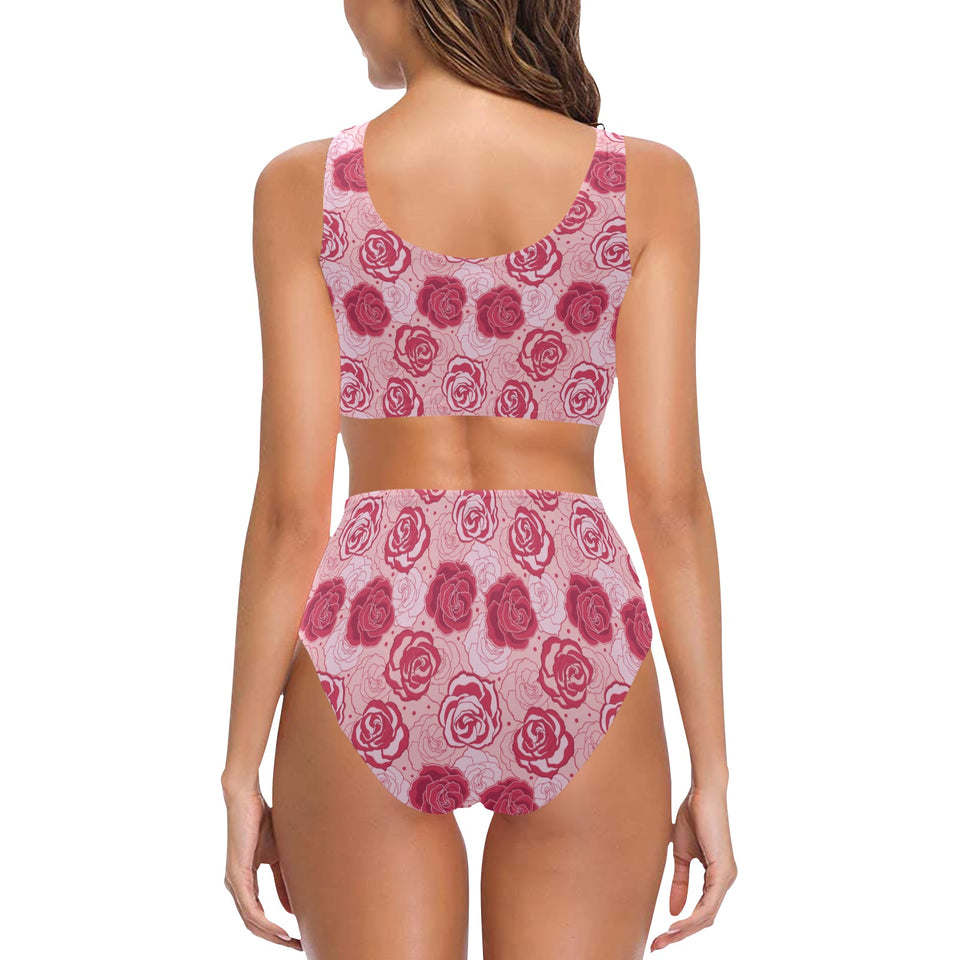 Rose Pattern Print Design 02 Chest Bowknot High Waisted Bikini Swimsuit