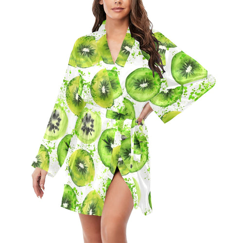 Watercolor kiwi pattern Women's Long Sleeve Belted Night Robe