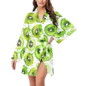 Watercolor kiwi pattern Women's Long Sleeve Belted Night Robe