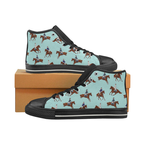 Horses running horses rider pattern Women's High Top Canvas Shoes Black