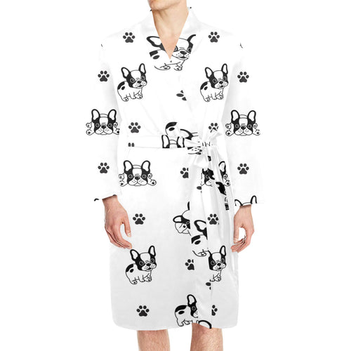 Cute french bulldog paw pattern Men's Long Sleeve Belted Night Robe