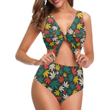 Canabis Marijuana Weed Pattern Print Design 02 Chest Bowknot High Waisted Bikini Swimsuit