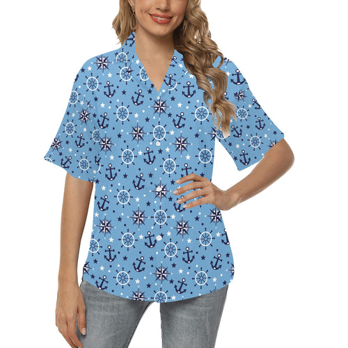 Anchors rudder compass star nautical pattern Women's All Over Print Hawaiian Shirt