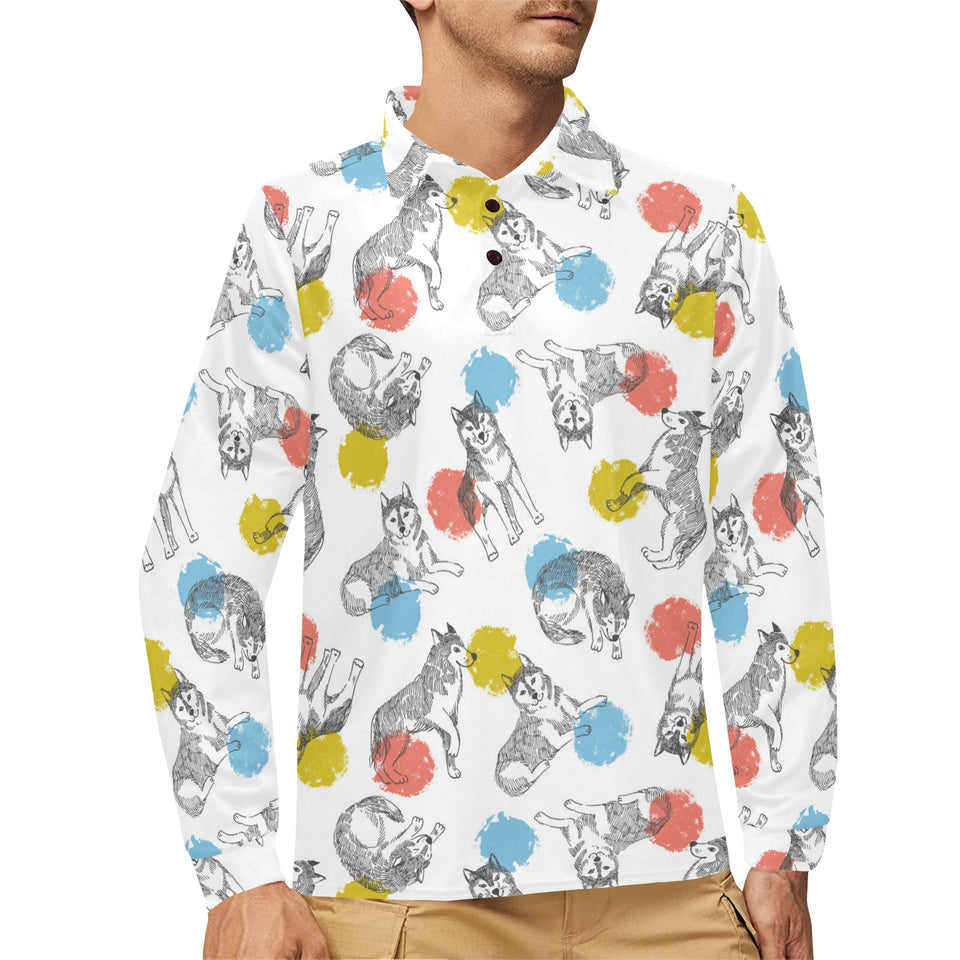 Siberian husky and colorful circle pattern Men's Long Sleeve Polo Shirt