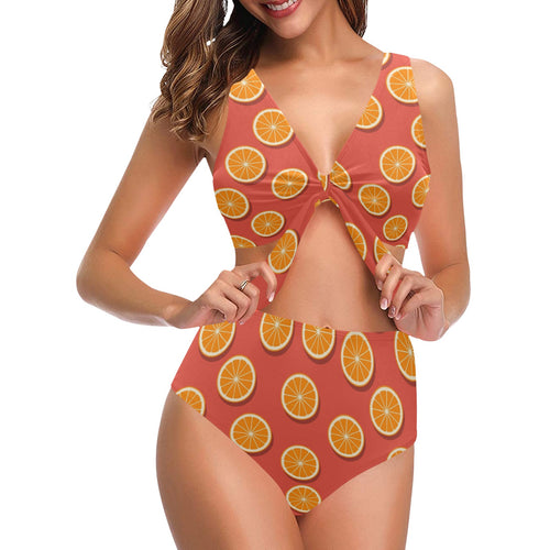 Oranges pattern red background Chest Bowknot High Waisted Bikini Swimsuit