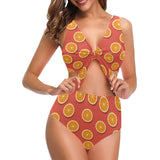 Oranges pattern red background Chest Bowknot High Waisted Bikini Swimsuit