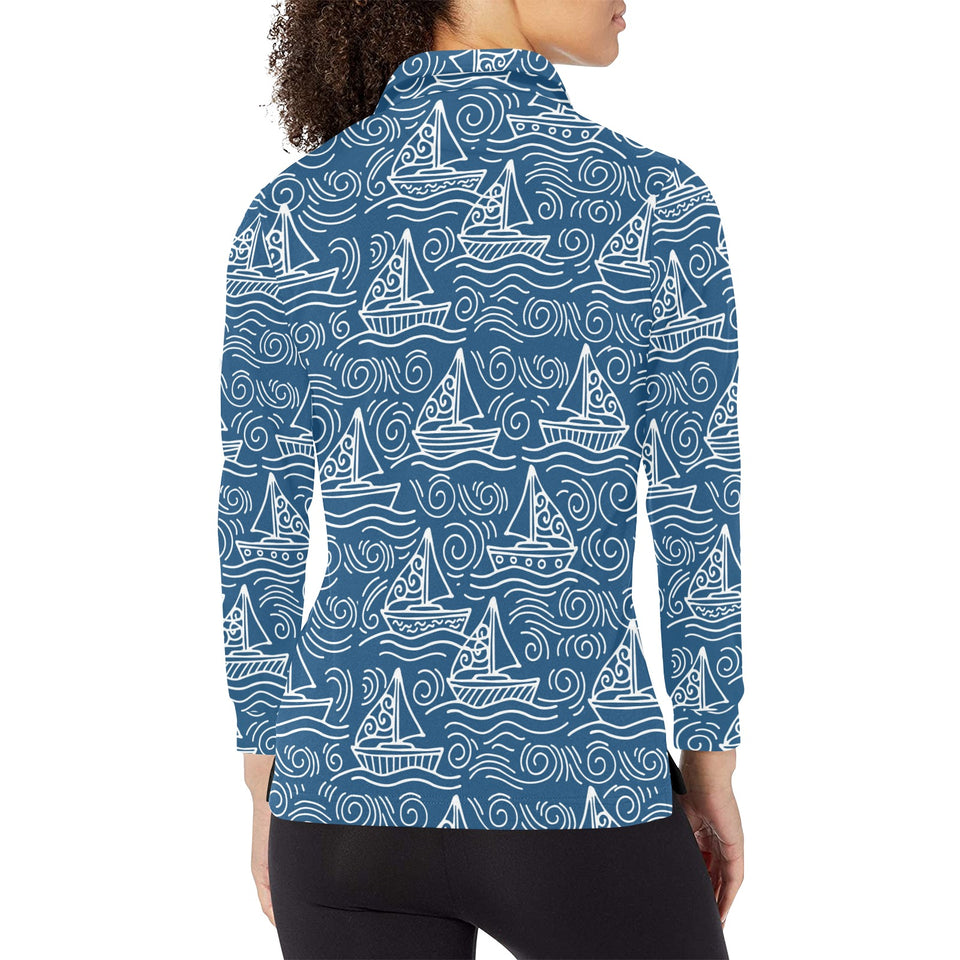 Hand drawn sailboat pattern Women's Long Sleeve Polo Shirt