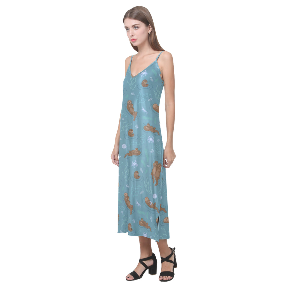 Sea otters pattern V-Neck Open Fork Long Dress