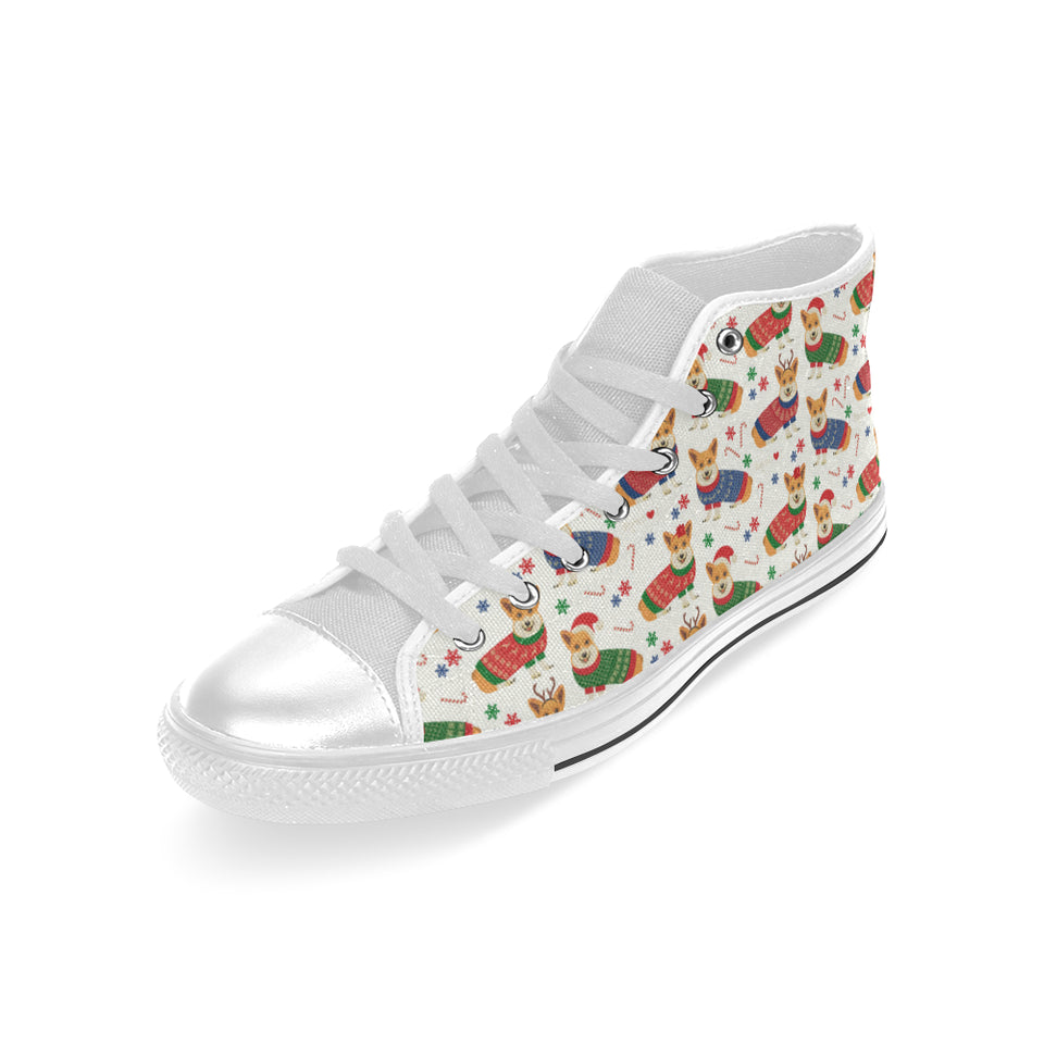 Corgi Christmas Pattern Men's High Top Canvas Shoes White
