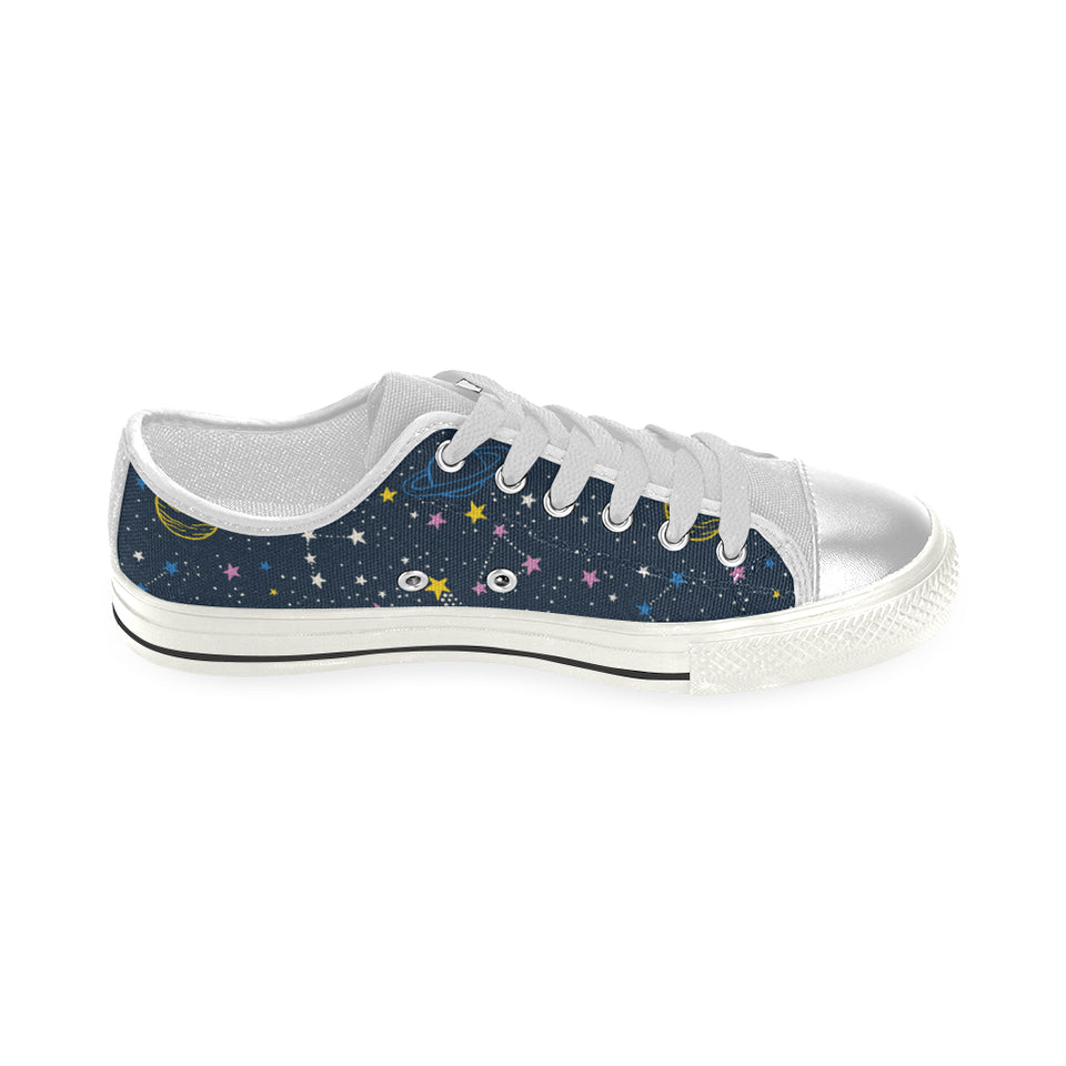 space pattern with planets, comets, constellations Women's Low Top Canvas Shoes White