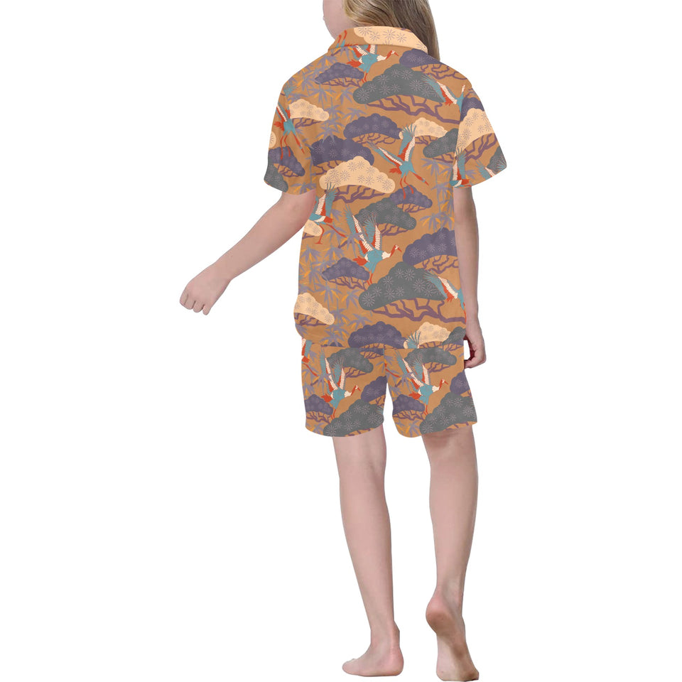 Bonsai bamboo stork japanese pattern brown theme Kids' Boys' Girls' V-Neck Short Pajama Set