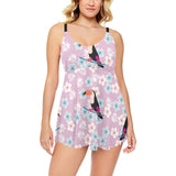 Beautiful toucan flower leaves Chest Sexy Pleated Two Piece Swim Dress