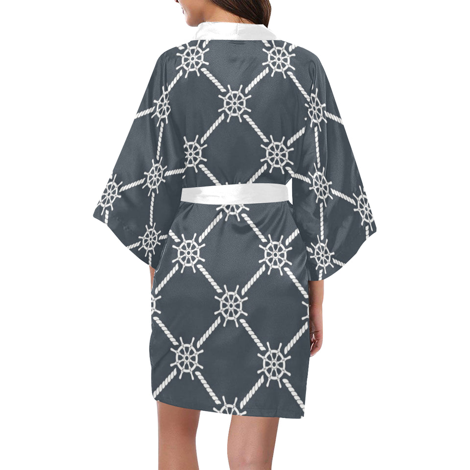 nautical steering wheel rope pattern Women's Short Kimono Robe