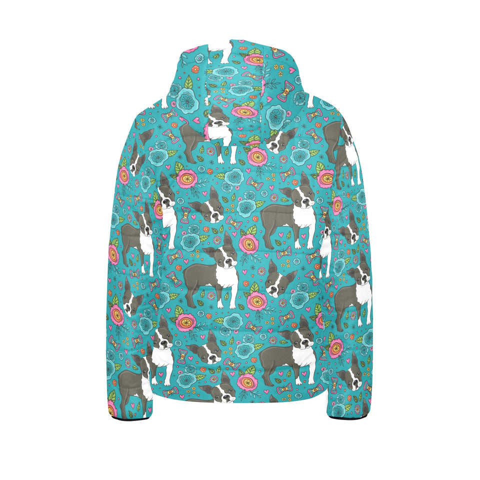 Boston terrier beautiful flower pattern Kids' Boys' Girls' Padded Hooded Jacket