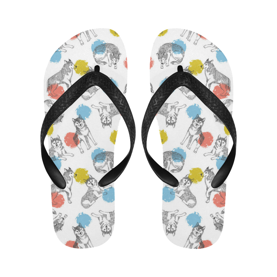 Siberian husky and colorful circle pattern Unisex Flip Flops