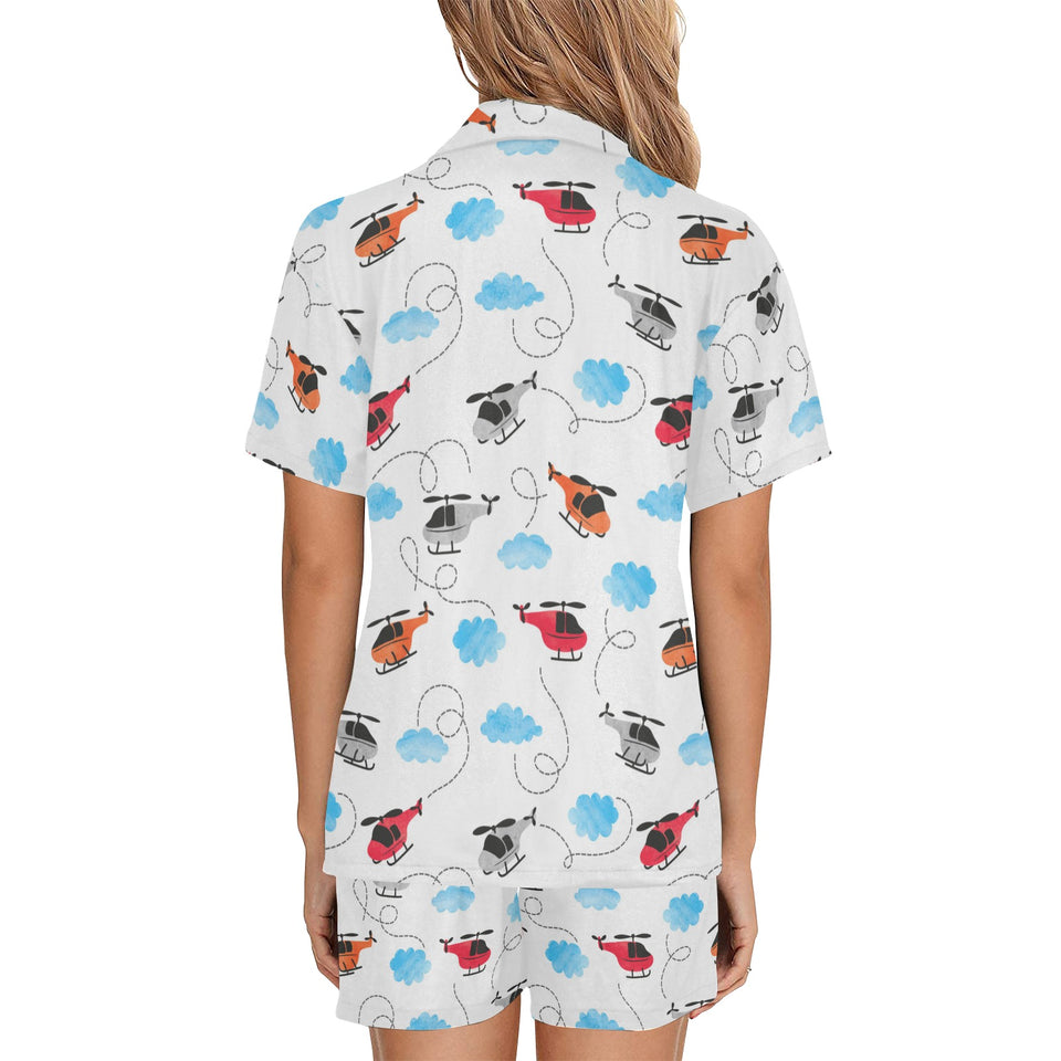 Watercolor helicopter cloud pattern Women's V-Neck Short Pajama Set