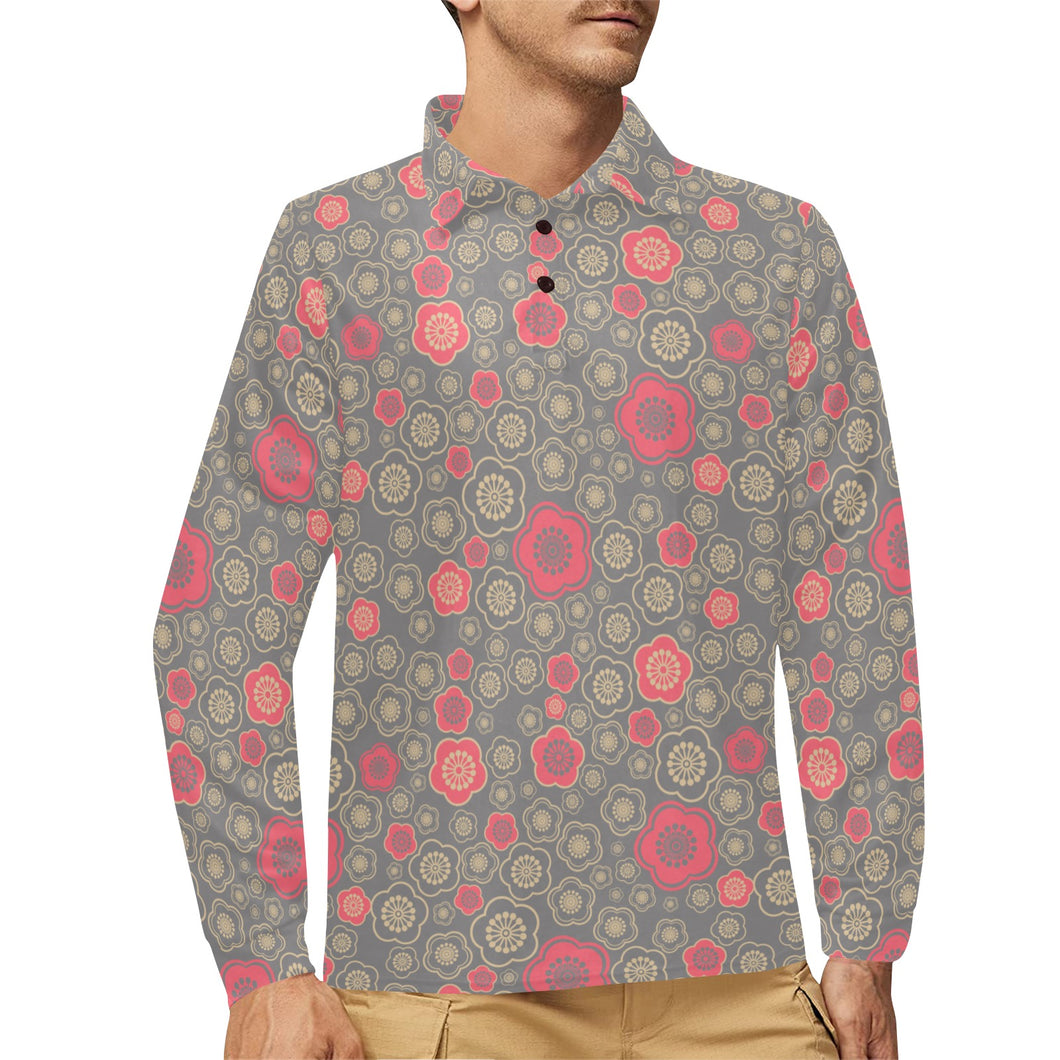 Red gold Sakura cherry blossom gray background Men's Long Sleeve Polo Shirt