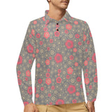 Red gold Sakura cherry blossom gray background Men's Long Sleeve Polo Shirt