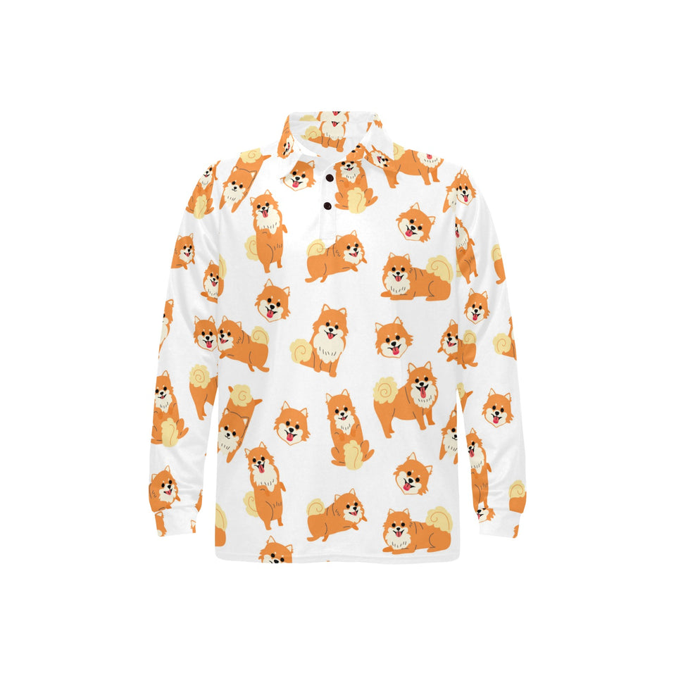 Brown pomeranian pattern Men's Long Sleeve Polo Shirt