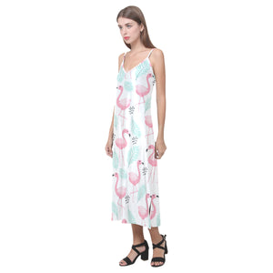 Cute flamingo pattern V-Neck Open Fork Long Dress
