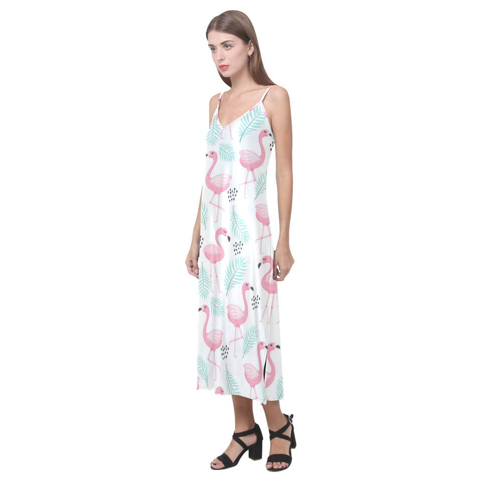 Cute flamingo pattern V-Neck Open Fork Long Dress