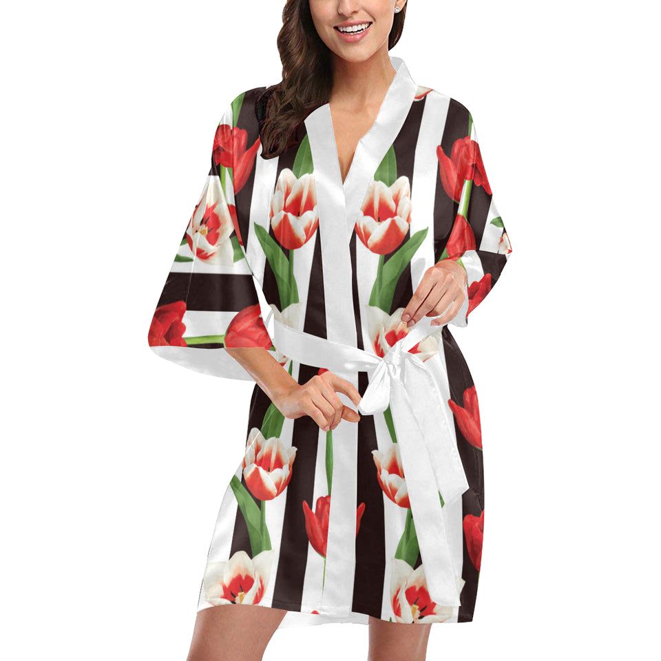 red and white tulips pattern Women's Short Kimono Robe