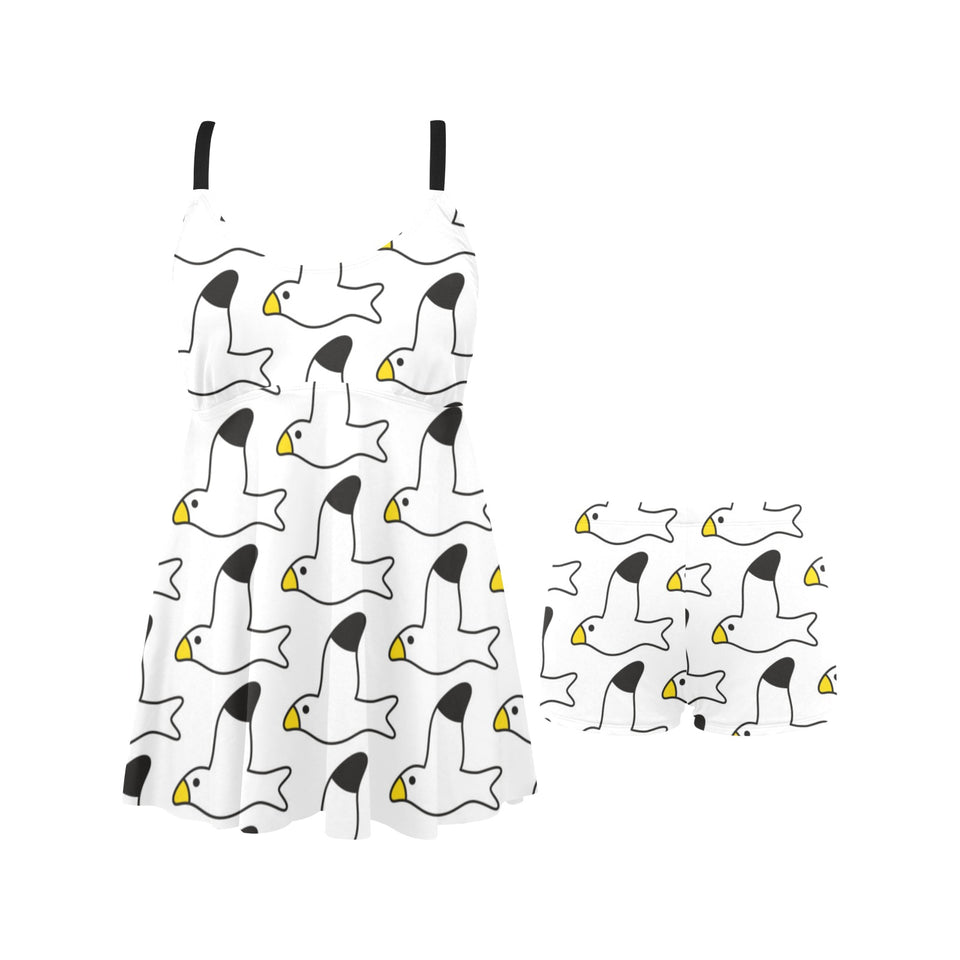 Seagull Pattern Print Design 05 Chest Sexy Pleated Two Piece Swim Dress