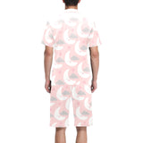 Cute moon cloud star pattern pink dot background Men's V-Neck Short Pajama Set