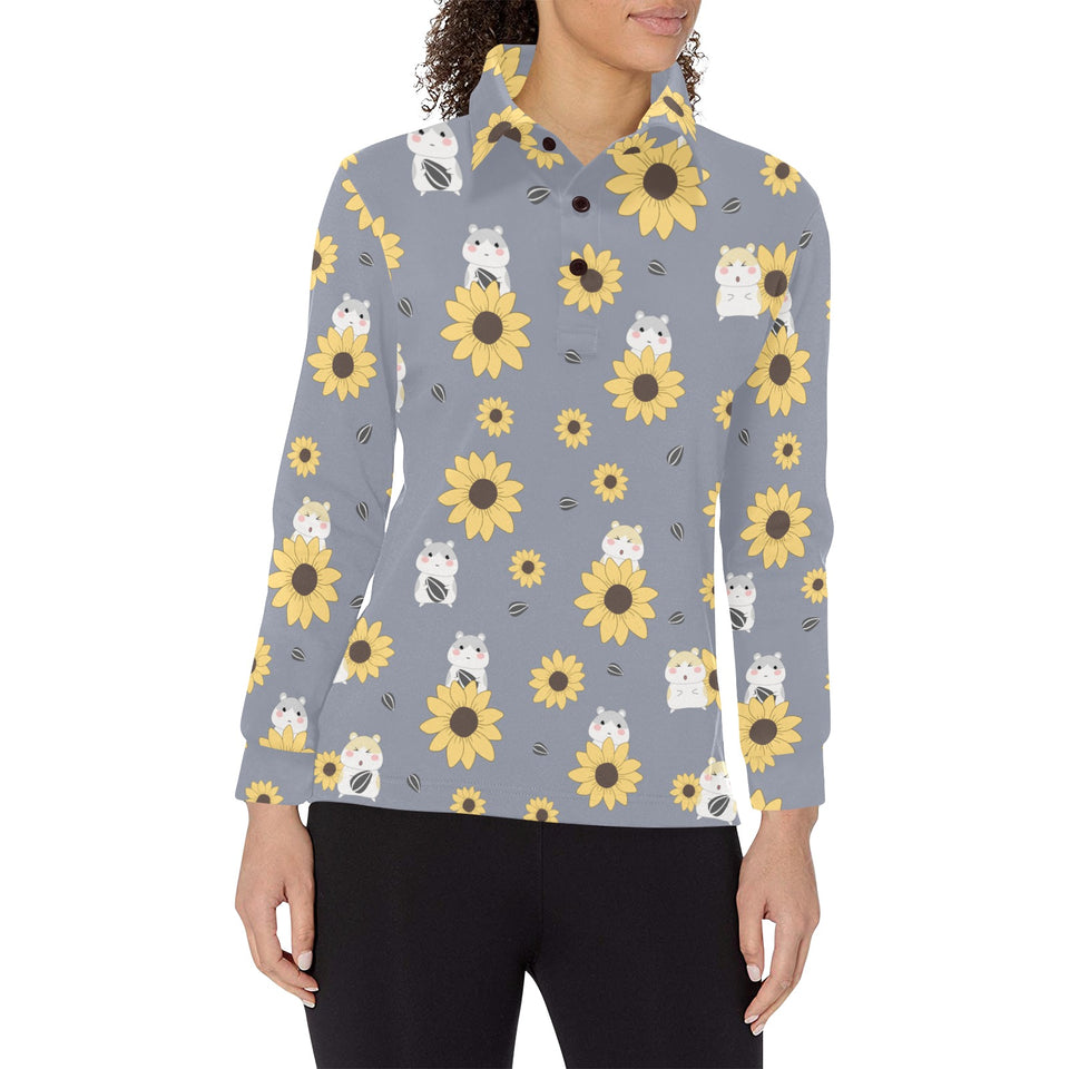 Cute hamster sunflower pattern background Women's Long Sleeve Polo Shirt