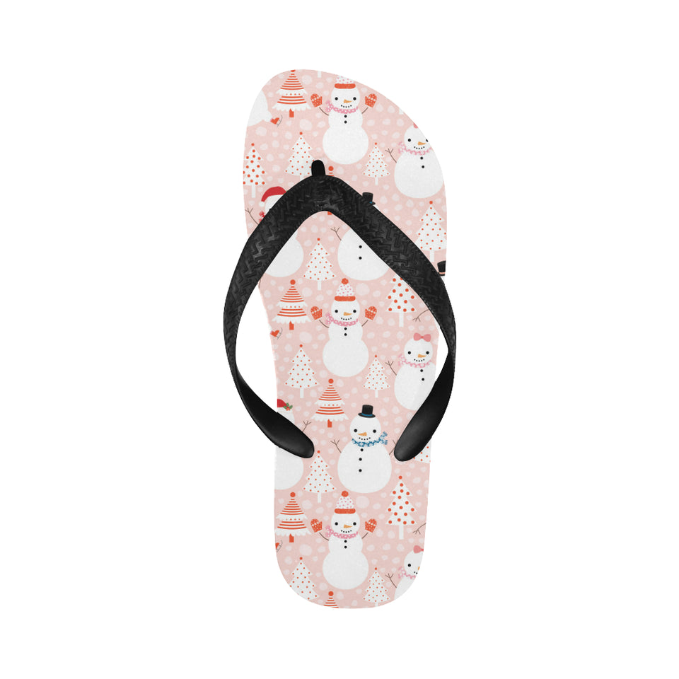 Cute snowman christmas tree snowpink background Unisex Flip Flops