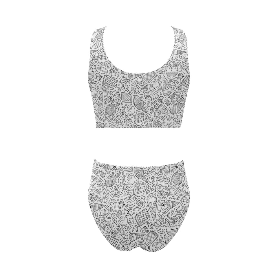 Cartoon hand drawn ice cream black white Chest Bowknot High Waisted Bikini Swimsuit