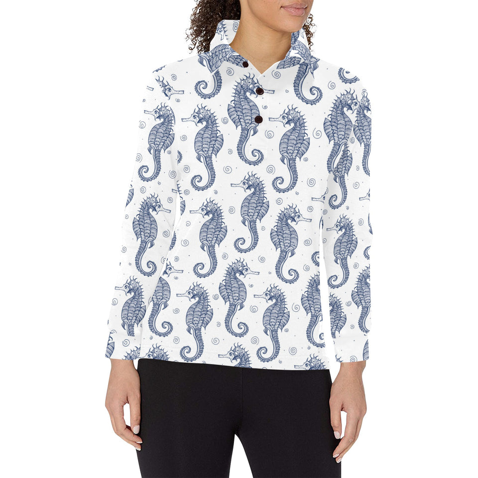 Seahorse pattern background Women's Long Sleeve Polo Shirt
