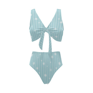 Snowflake pattern blue stripe background Chest Bowknot High Waisted Bikini Swimsuit